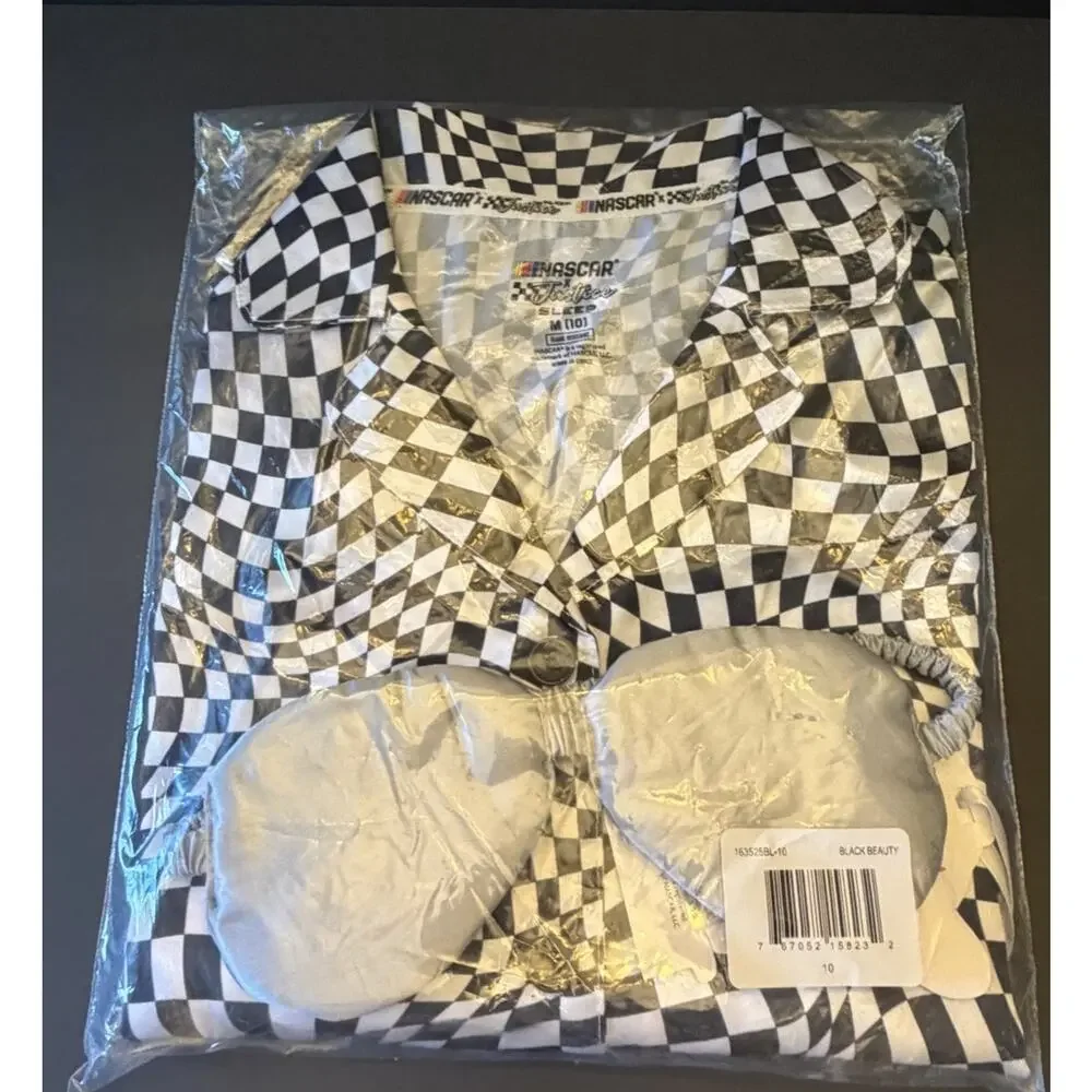 NWT NASCAR+Justice Girls M(10) Blk Pajama Lounge 3pc Shorts Shirt Mask Sleep Set